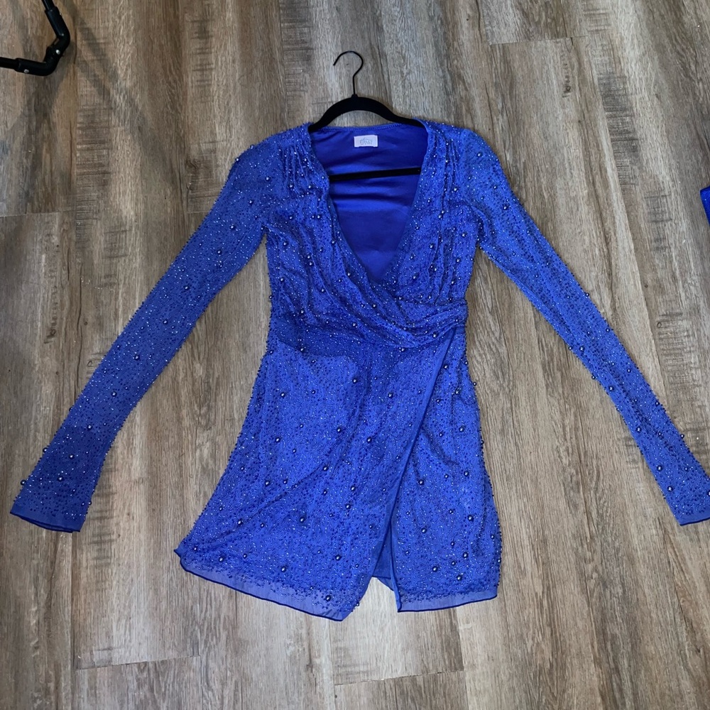 Chelsea Embellished Wrap Over A-Line Mini Dress in Dark Blue